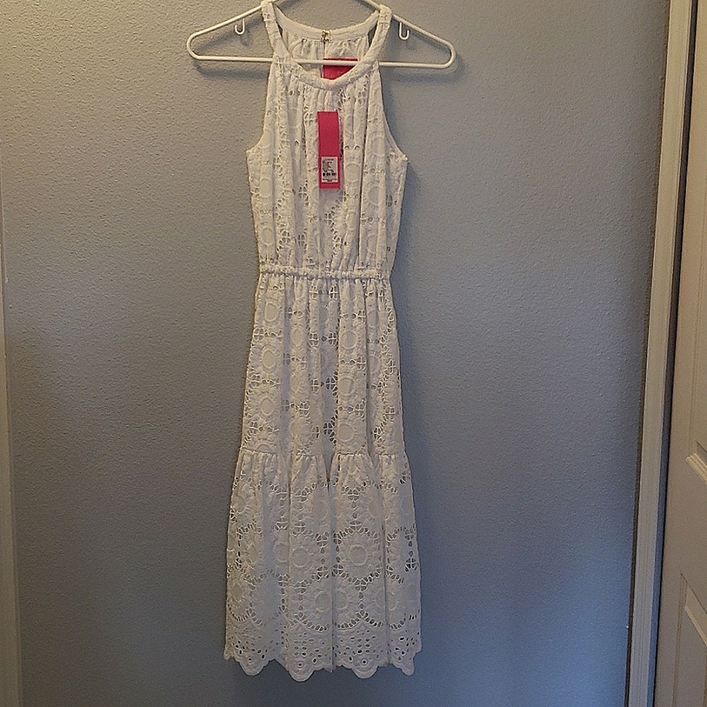 NWT Lilly Pulitzer Alda Midi Dress in Resort White Floral Scallop Eyelet,SizeXXS